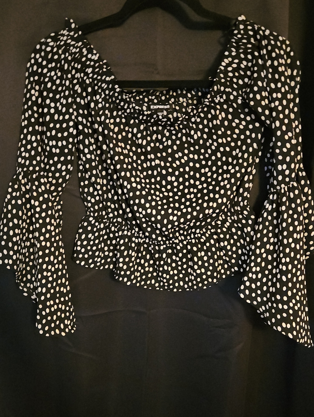 Express Black and White Polka Dot Peplum Square-Neck Top